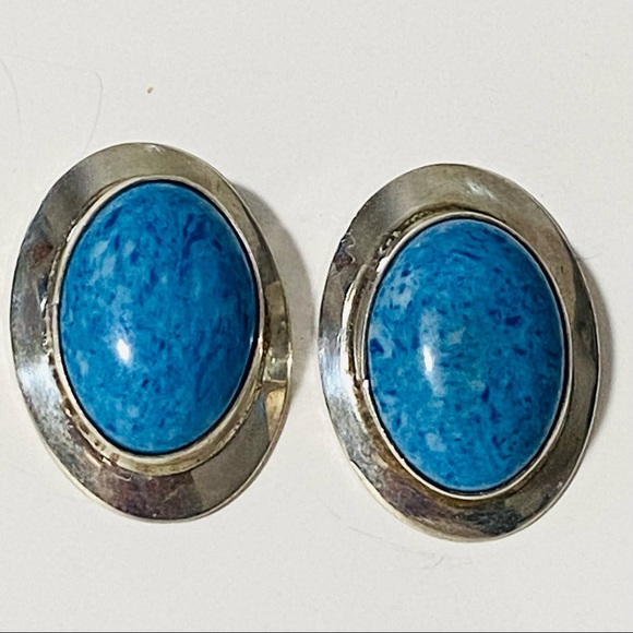 NAVAJO Sterling Silver BLUE DENIM LAPIS Large Oval Concho EARRINGS - Picture 3 of 6